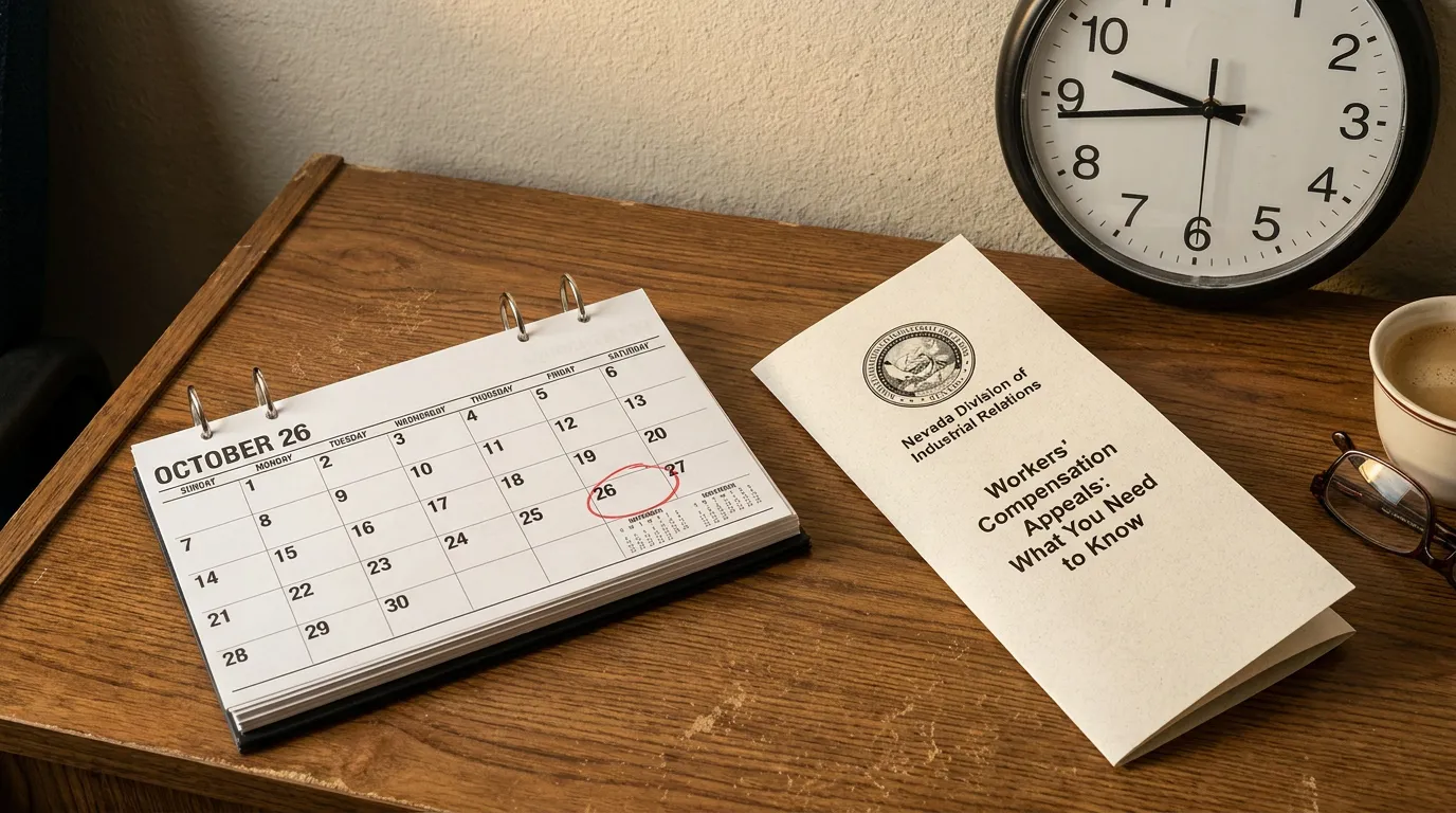 Las Vegas Nevada Workers Comp Appeal Deadline Calendar October calendar with circled date beside Nevada Workers' Compensation Appeals brochure and clock