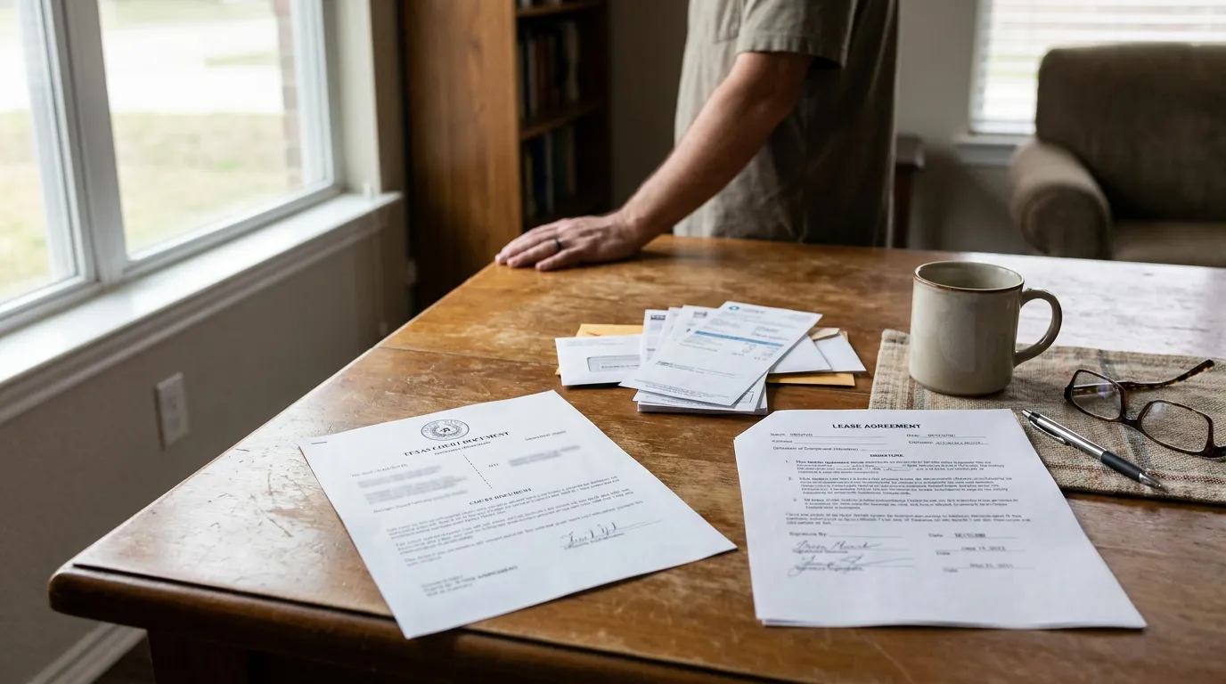 Texas Court Documents and Lease Agreement Proving Cohabitation Houston Texas court document and lease agreement spread across wooden table with pen and glasses