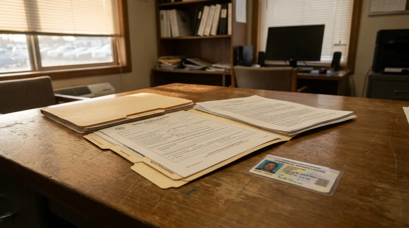 Driver qualification file folder and commercial driver's license on office desk