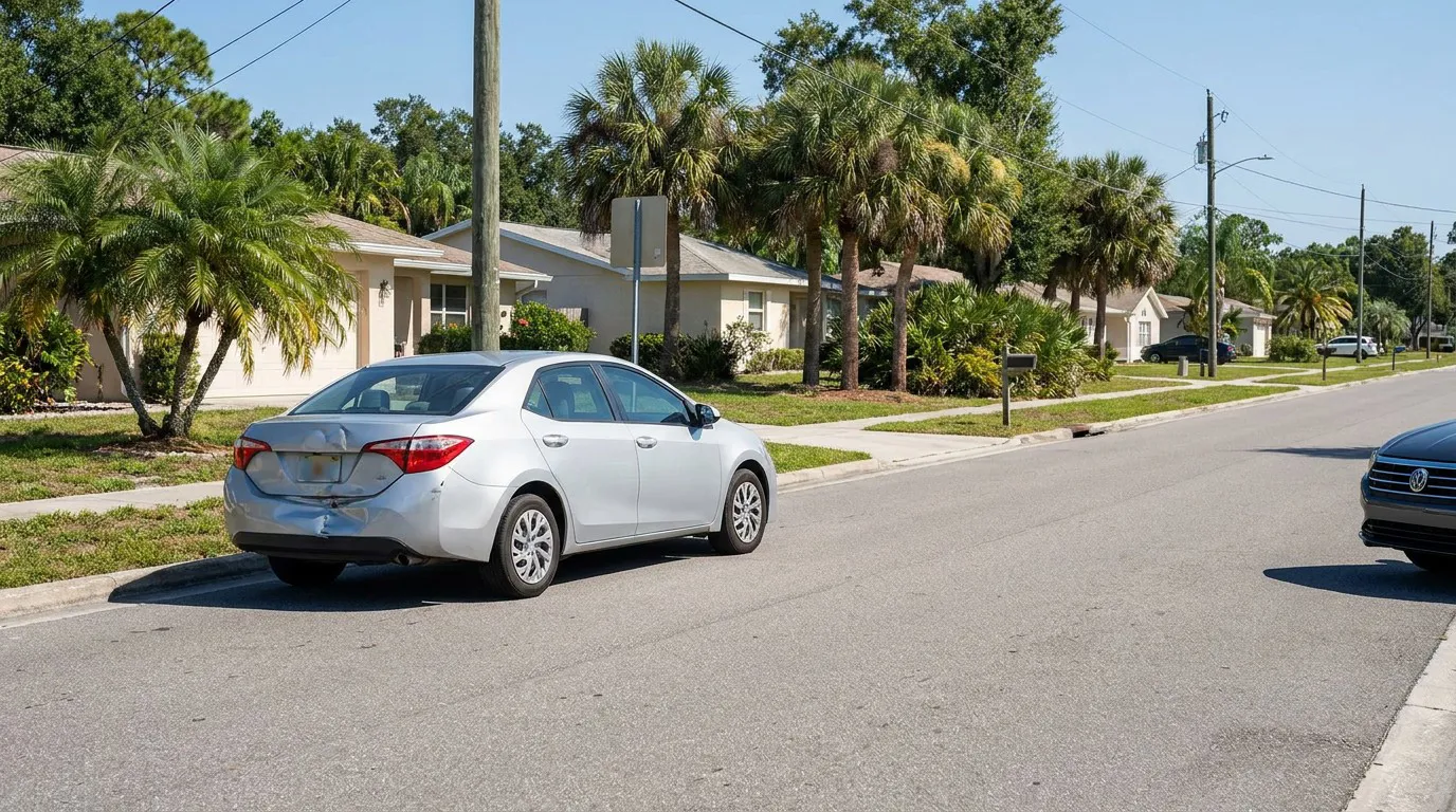 Damaged Car on Orlando Florida Residential Street After Accident sedan with rear bumper damage parked on residential street near suburban homes