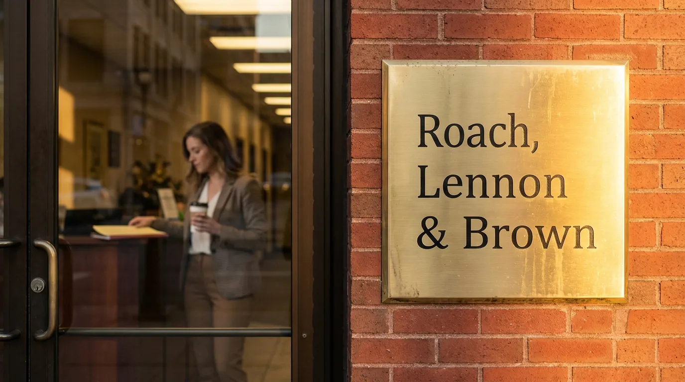 Roach Lennon and Brown Buffalo LLC Formation Law Firm Roach Lennon & Brown law firm brass entrance plaque mounted on brick wall
