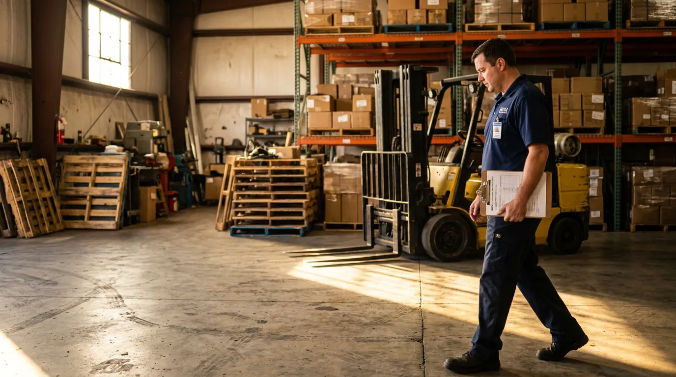 OSHA Inspector Conducting Worksite Safety Inspection Houston Texas warehouse worker carrying clipboard walking near forklift and stacked pallets