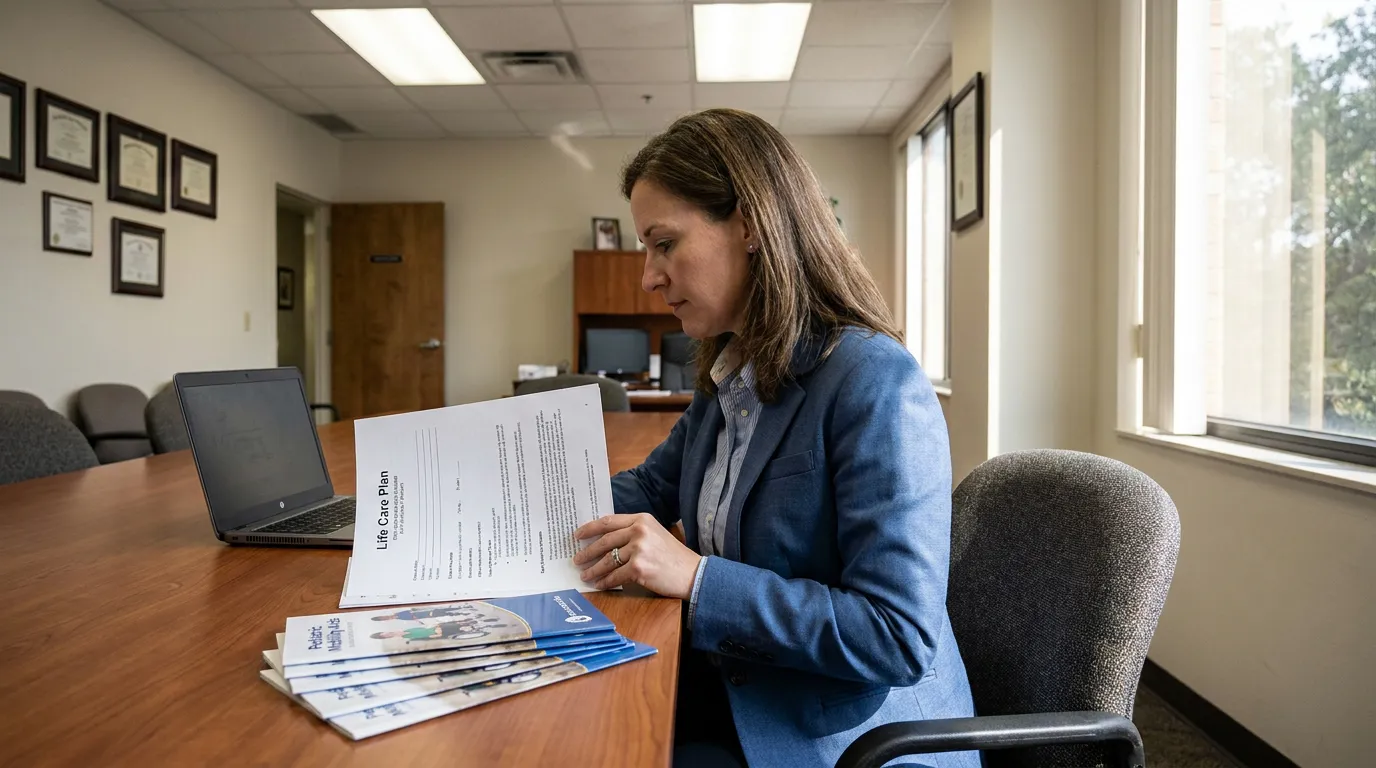 Houston Life Care Planner Reviewing Cerebral Palsy Plan professional woman reviewing Life Care Plan document at conference room table