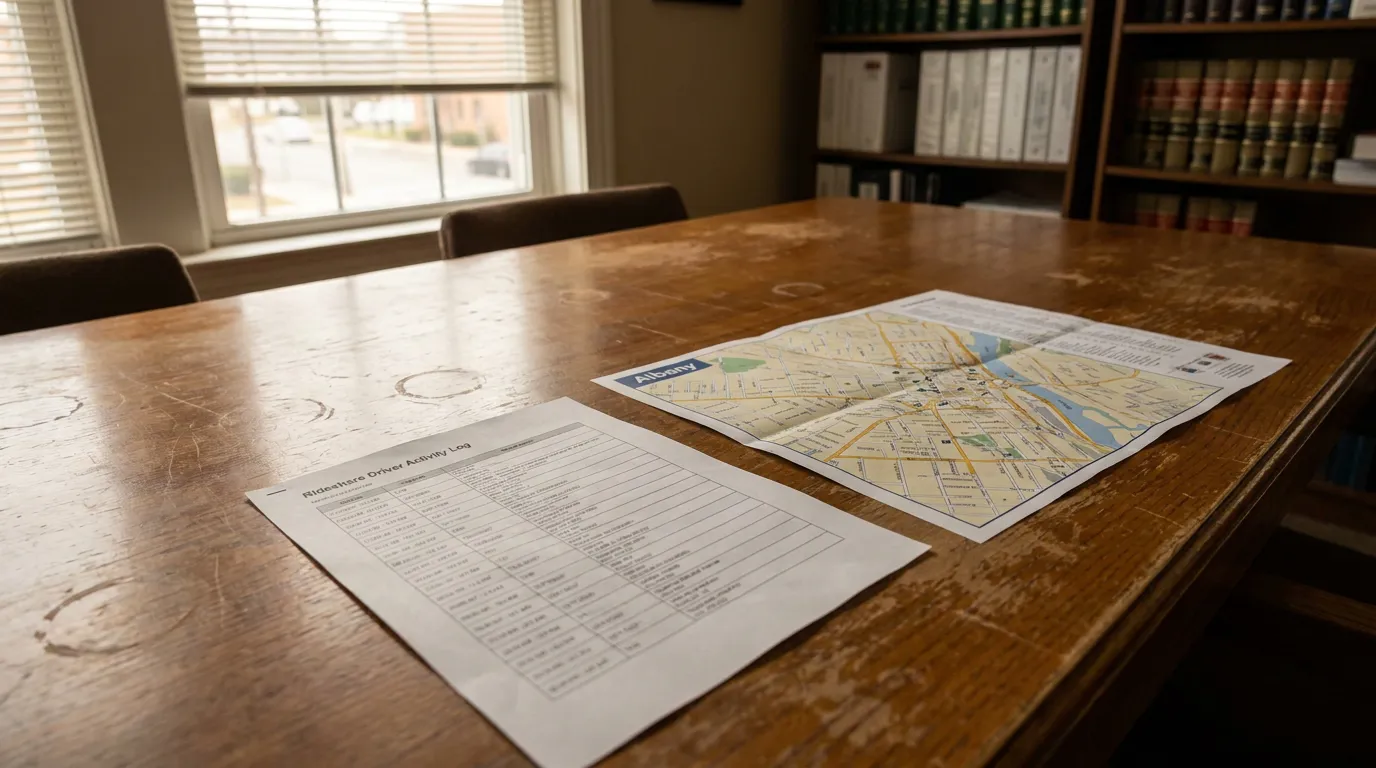 Rideshare Driver Activity Log and Albany street map on law office table