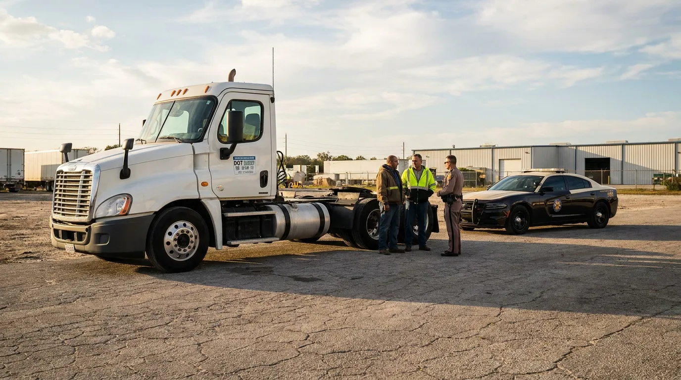 DOT Post Accident Drug Testing Truck Driver Lakeland Florida law enforcement officer speaking with two workers beside DOT-labeled semi-truck and patrol car