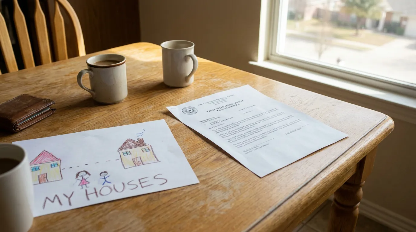 Child's drawing labeled My Houses beside Texas court divorce notice on kitchen table