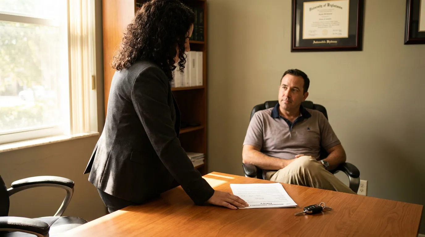 Fort Lauderdale Car Accident Attorney Consulting Client on Seat Belt Defense attorney leaning over desk with document and car keys during client meeting