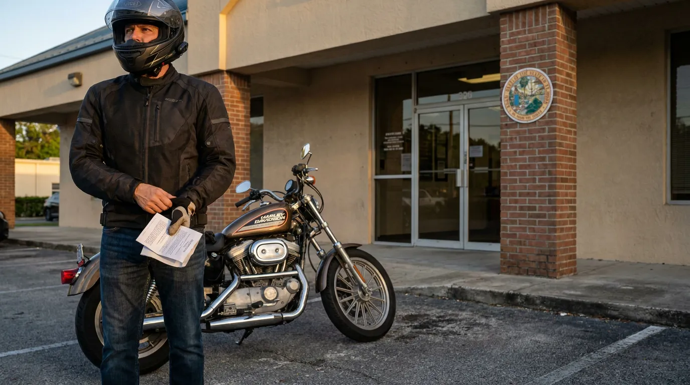 Orlando Motorcyclist Reviewing Florida Lane Splitting Law Documents helmeted motorcyclist holding documents outside government office beside Harley-Davidson motorcycle