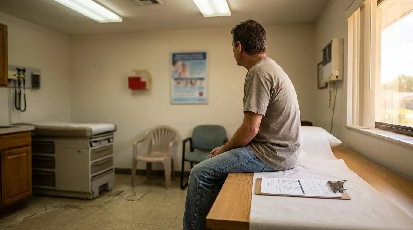 Palm Bay Car Accident Victim Waiting in Medical Office man seated on medical exam table with clipboard and documents nearby