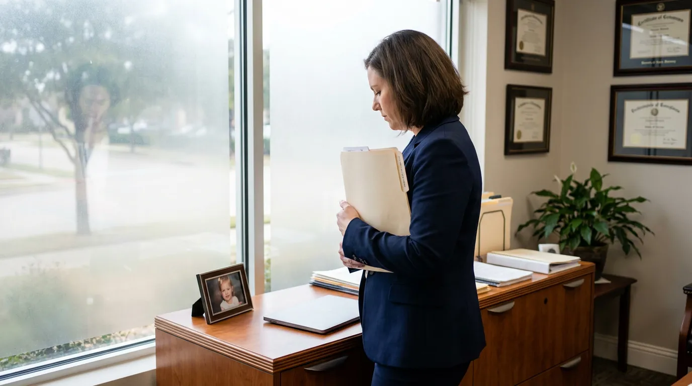 female attorney standing in office holding legal file folder near window with framed certificates