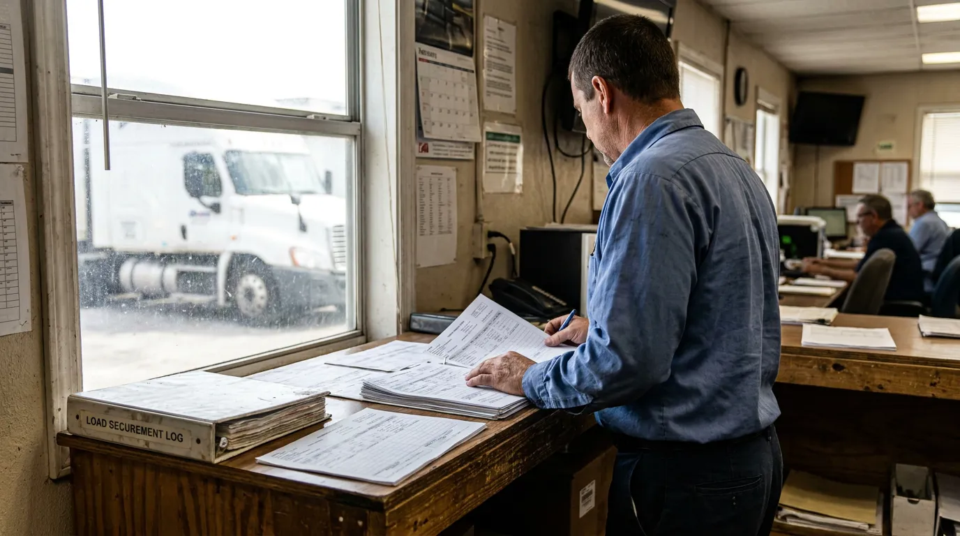 Orlando Truck Dispatcher Reviewing Load Securement Log Records trucking dispatcher reviewing documents beside Load Securement Log binder at dispatch office