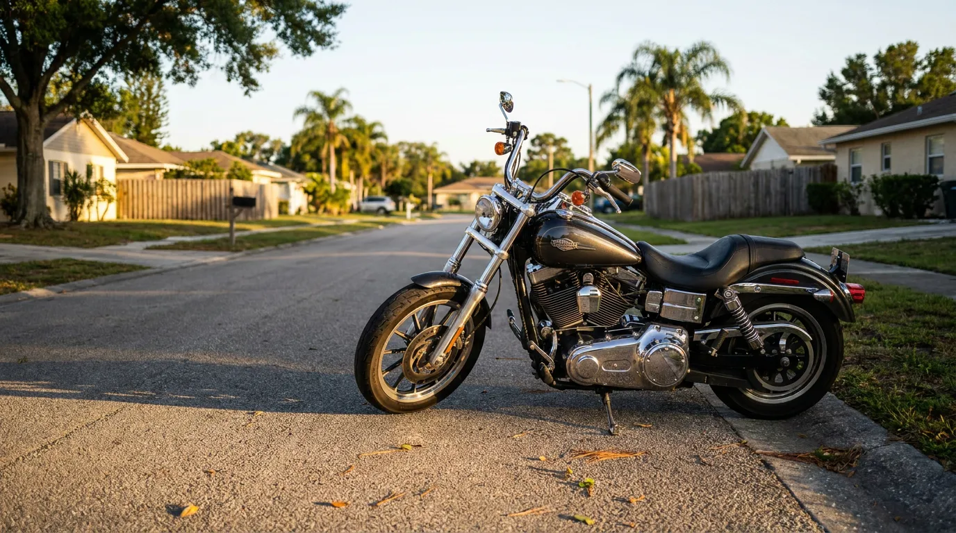 Motorcycle Parked on Palm Bay Florida Residential Street Harley-Davidson cruiser motorcycle parked on residential street with palm trees