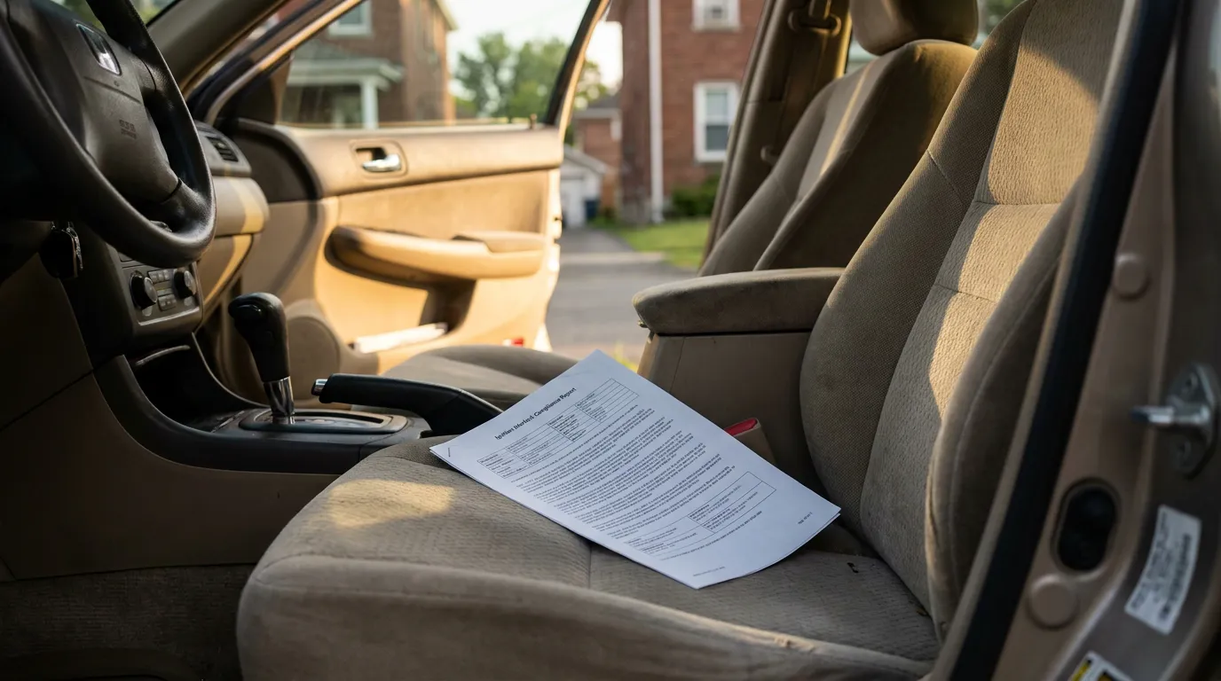 Ignition Interlock Compliance Report on Car Seat Schenectady NY Ignition Interlock Compliance Report document resting on vehicle passenger seat