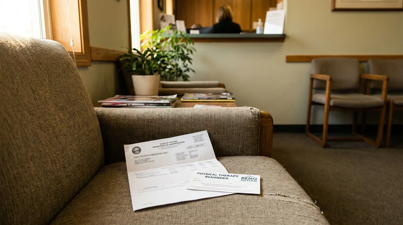 Reno Workers Comp TPD Benefits Forms Waiting Room Physical Therapy Reminder and State of Nevada document resting on waiting room chair