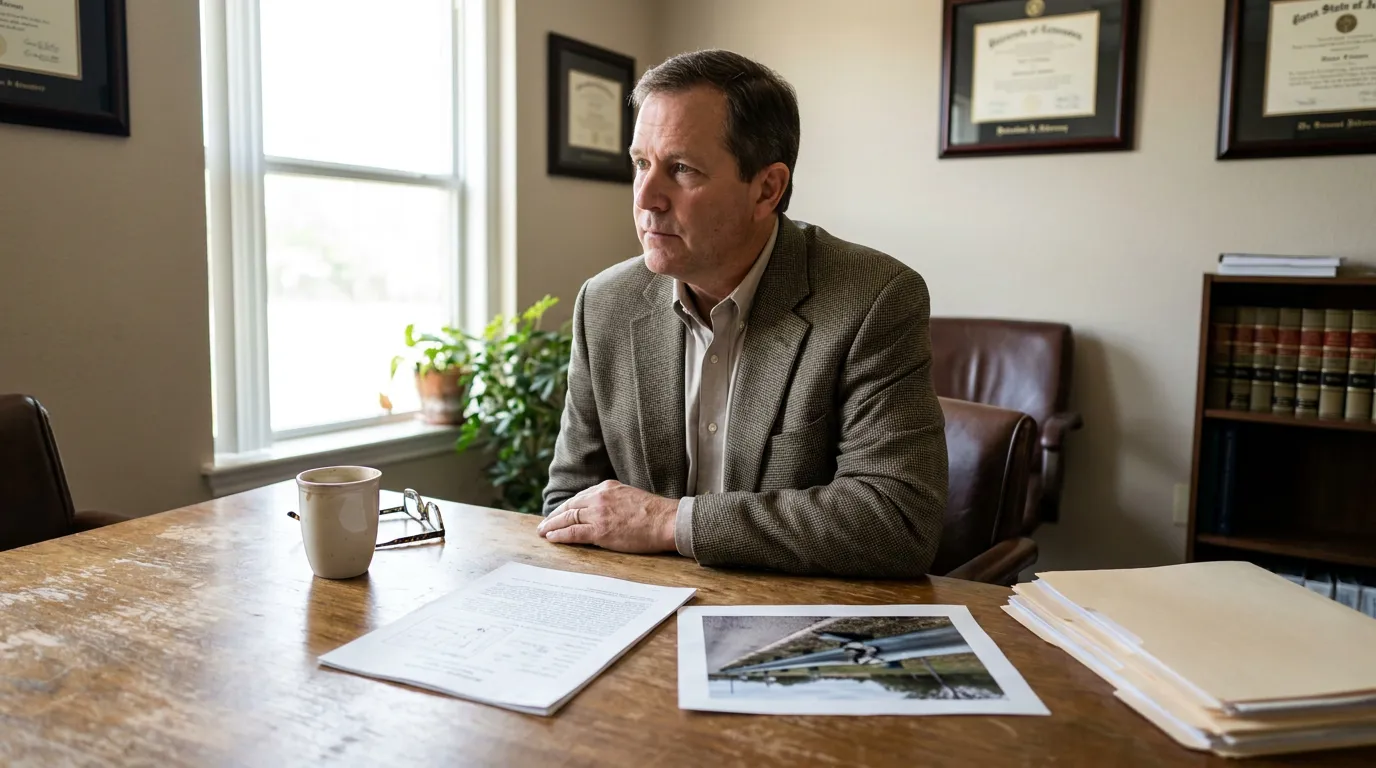 attorney seated at desk with case documents and framed diplomas on wall