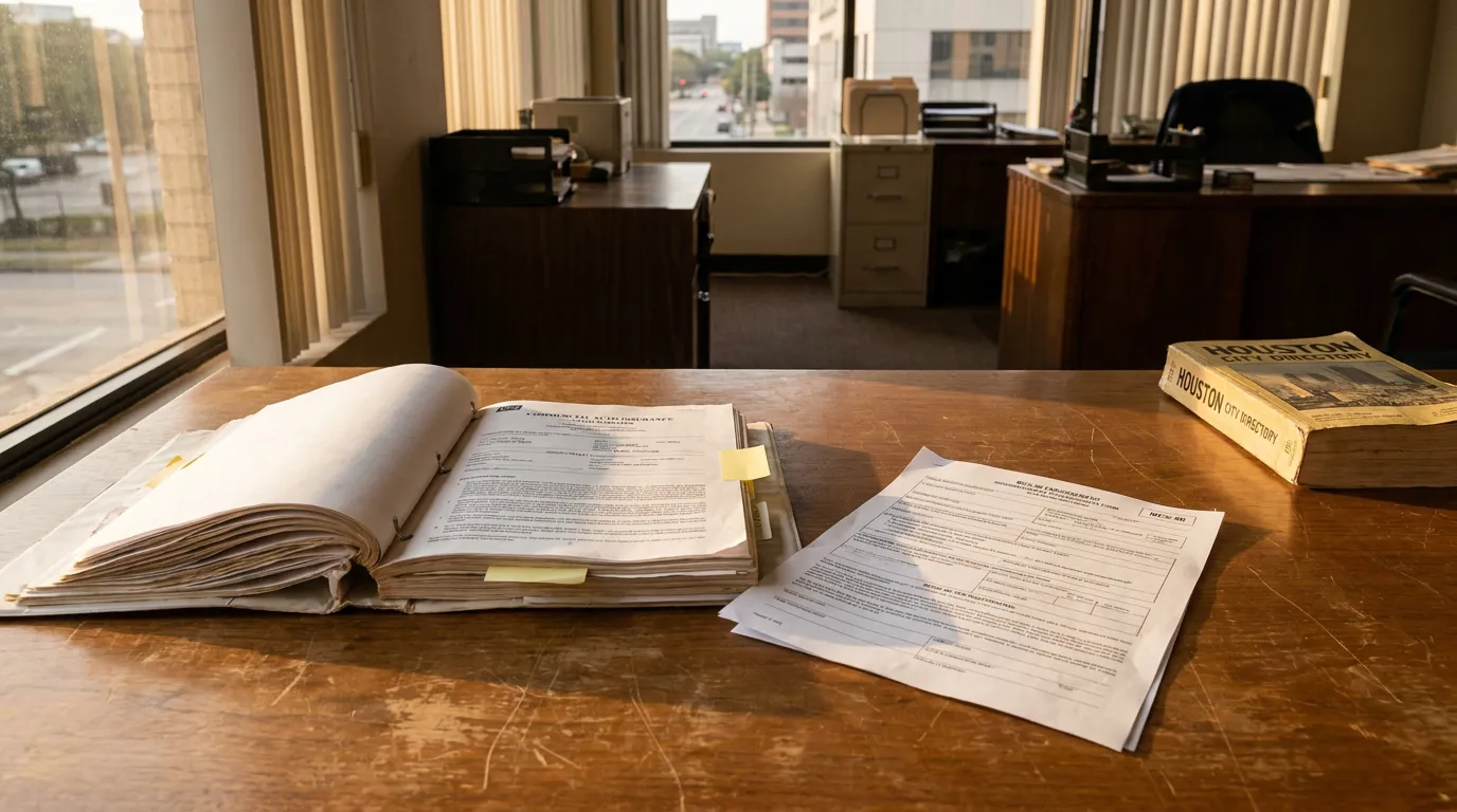 MCS-90 Endorsement Insurance Documents Houston Truck Accident Claim open commercial auto insurance binder with sticky notes beside Houston City Directory on law office desk