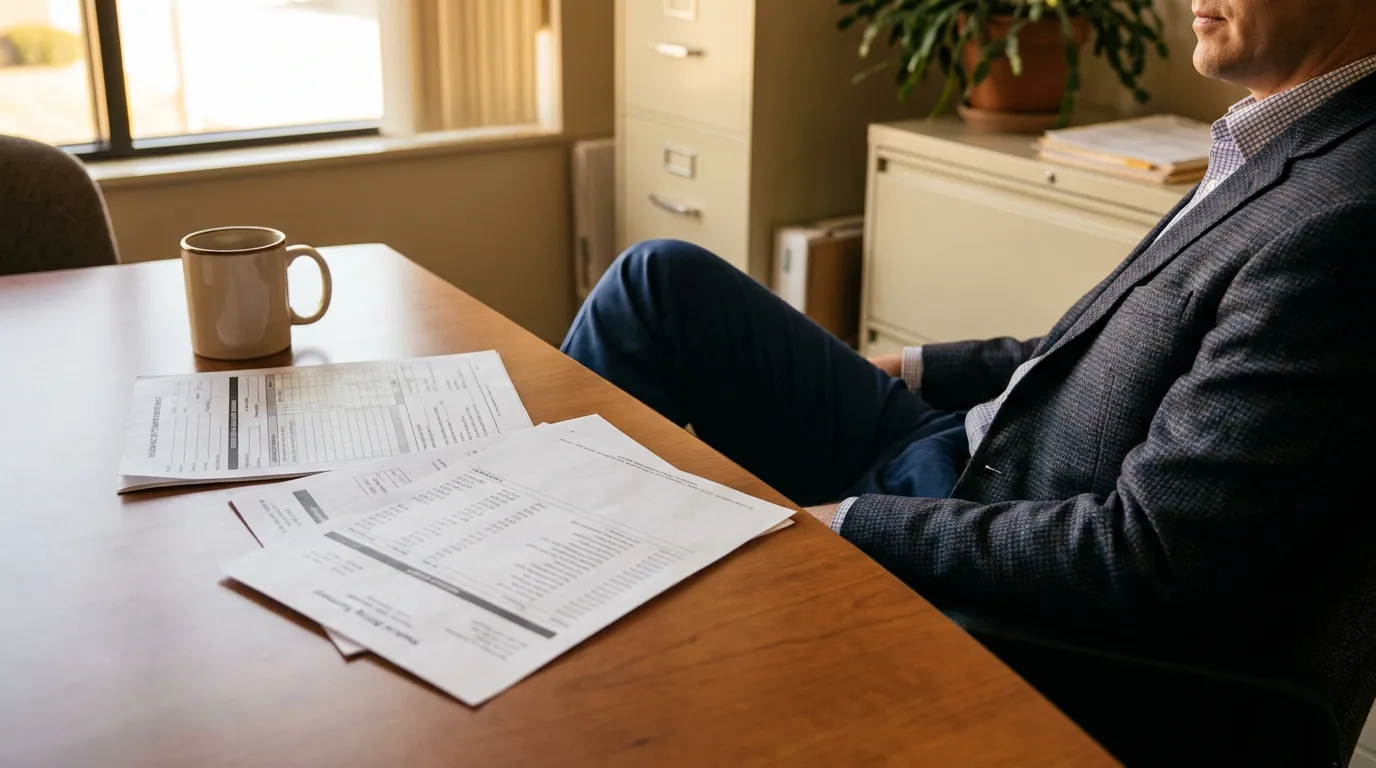 Dayton Injury Attorney Reviewing Car Accident Settlement Documents suited professional seated at desk with legal documents and coffee mug