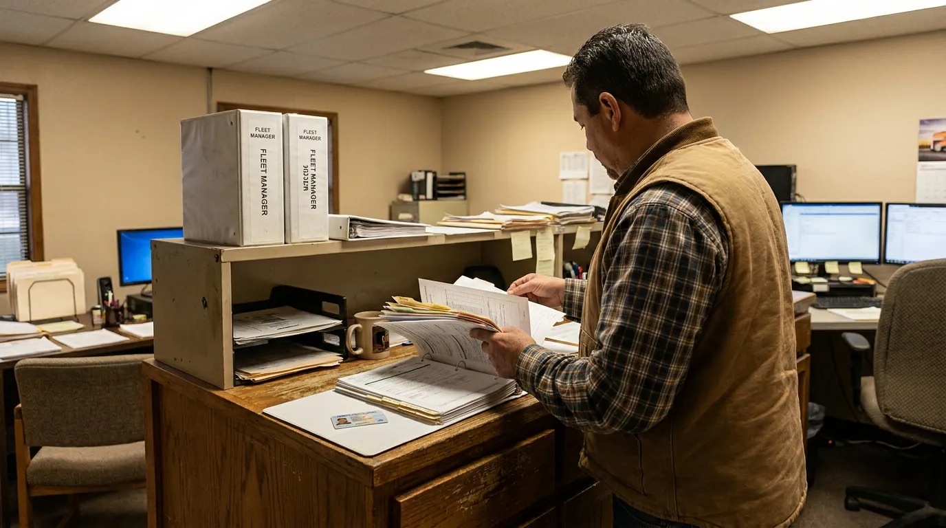 Fleet Manager Reviewing Driver Qualification File Houston Truck Case fleet manager reviewing documents at desk with Fleet Manager binders visible