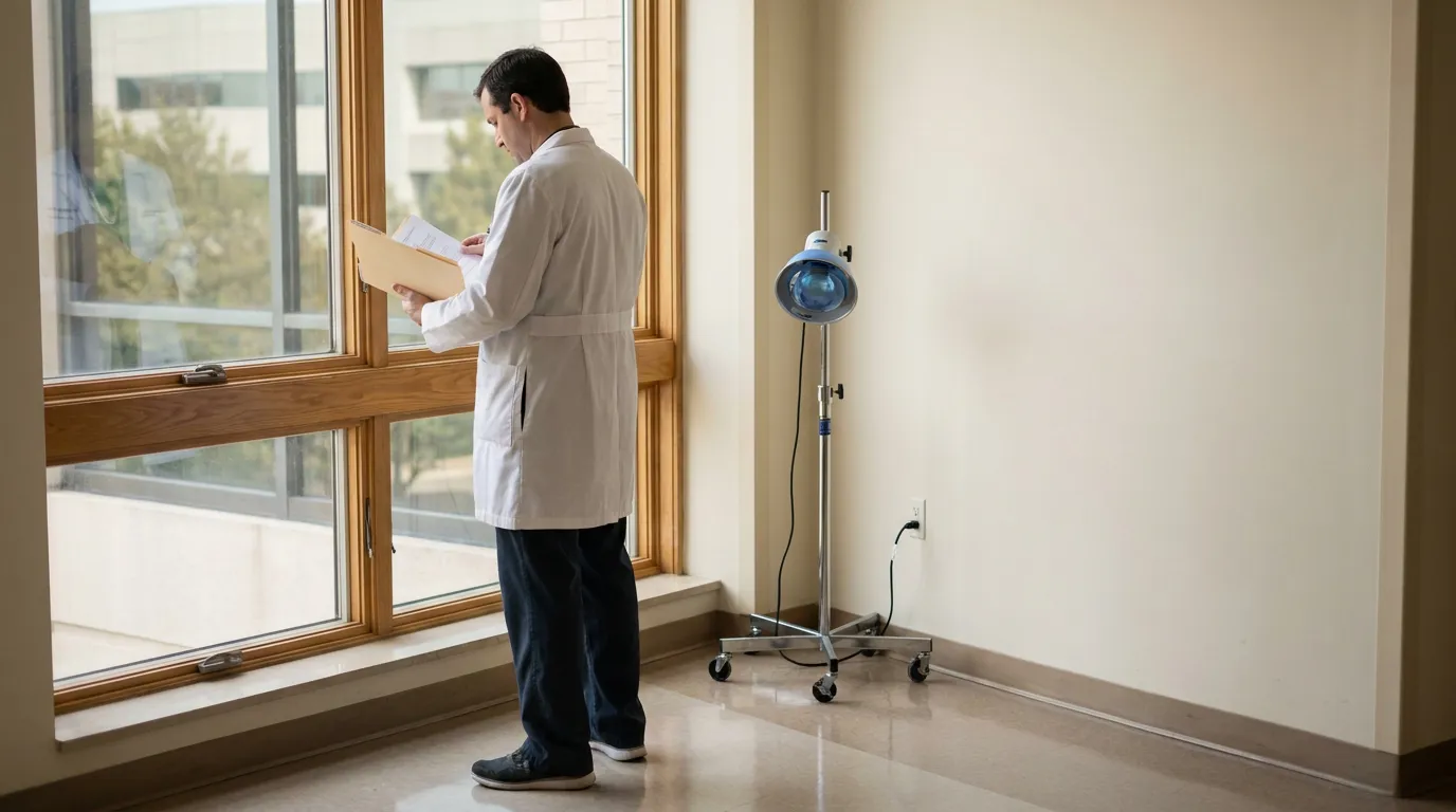 physician in lab coat reviewing patient folder beside medical lamp on stand
