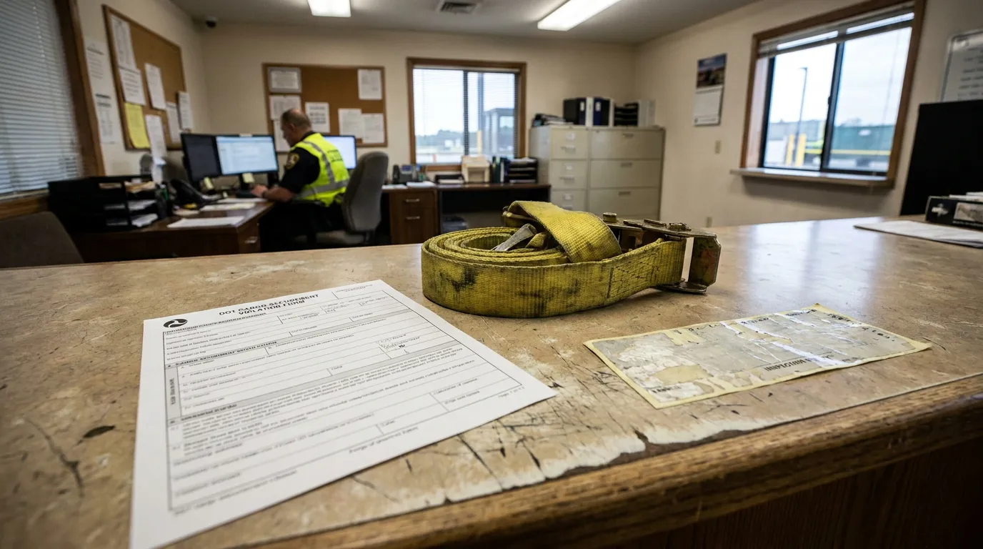 DOT cargo securement violation form and worn ratchet strap on inspection counter