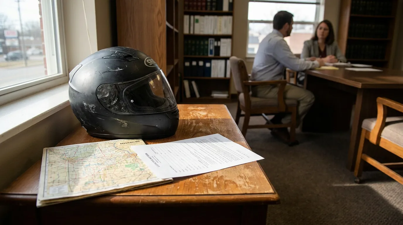 motorcycle helmet and Missouri map on desk during attorney client consultation
