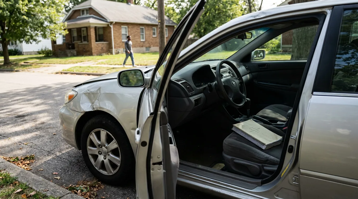 Dayton Car Crash Damage With Life Care Plan Document sedan with dented front panel and open door parked on residential street