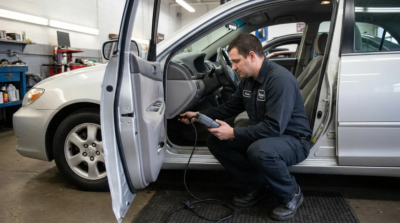 uniformed mechanic using diagnostic scanner tool on vehicle in auto repair shop