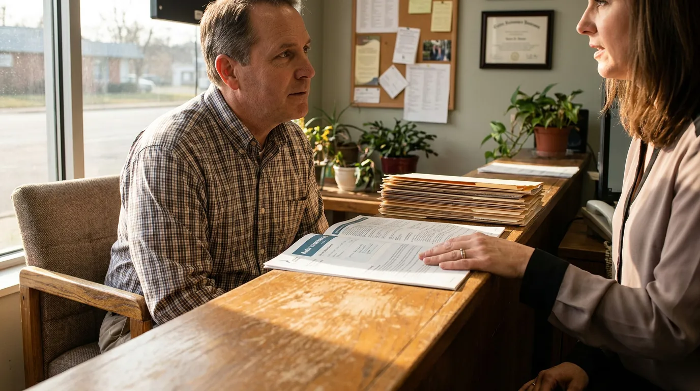 Dayton Ohio MedPay Coverage Consultation With Attorney man seated at desk reviewing legal documents with professional during office consultation