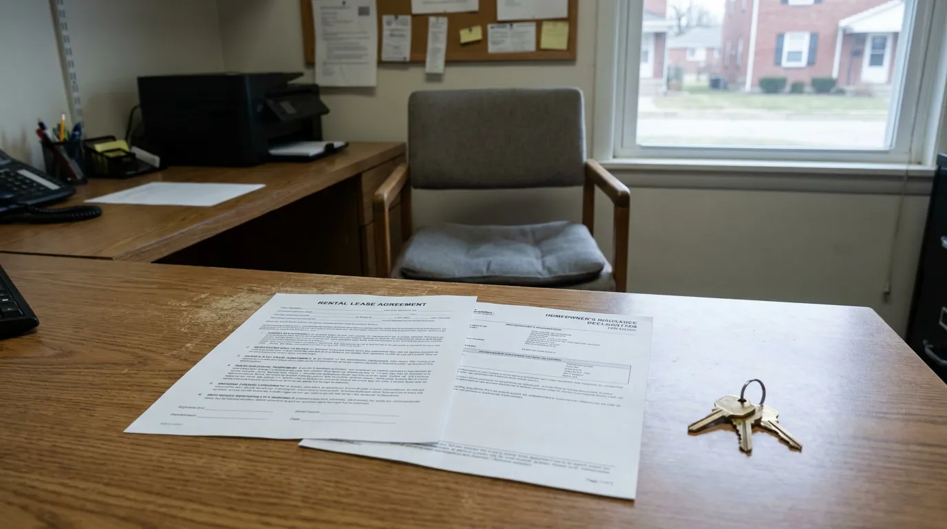 Dayton Rental Lease Agreement and Keys Landlord Liability Rental lease agreement and homeowner's insurance declaration form with keys on office desk