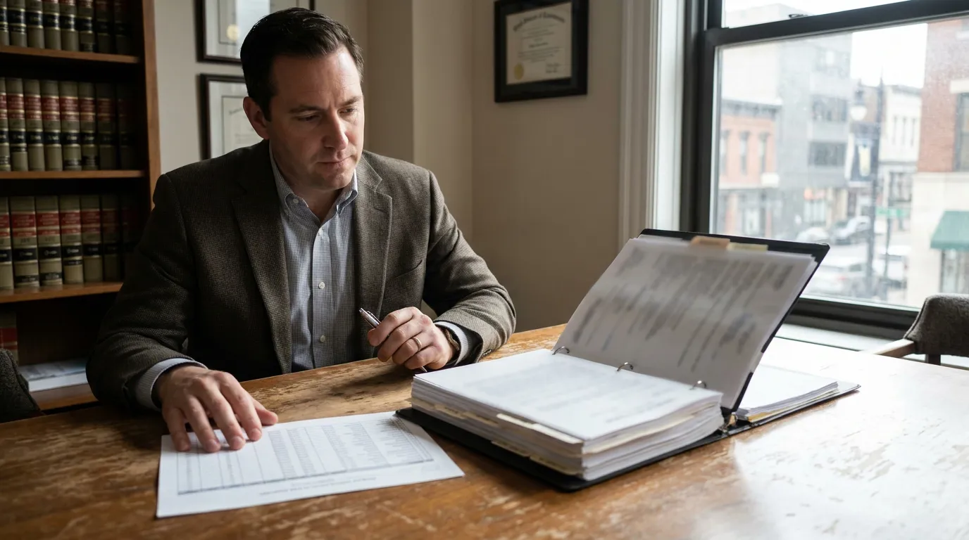 attorney reviewing open binder and documents at wooden desk in law office