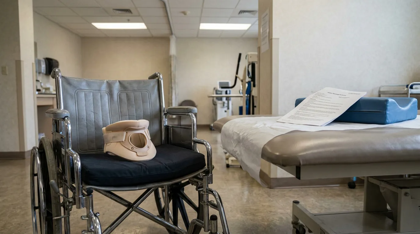 Dayton Truck Underride Crash Severe Injury Recovery Room wheelchair with cervical neck brace beside medical exam table and patient discharge documents
