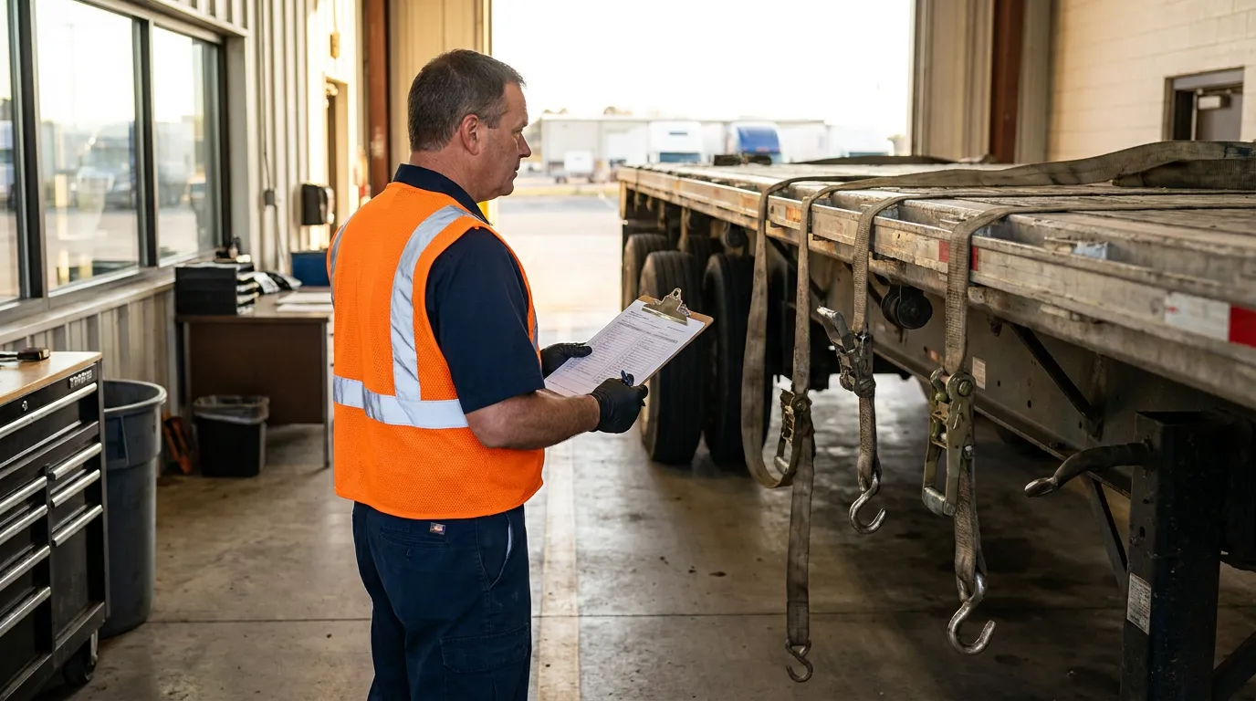 Inspector Checking Truck Cargo Tiedowns in Dayton Ohio inspector in safety vest reviewing clipboard checklist beside flatbed trailer at loading dock