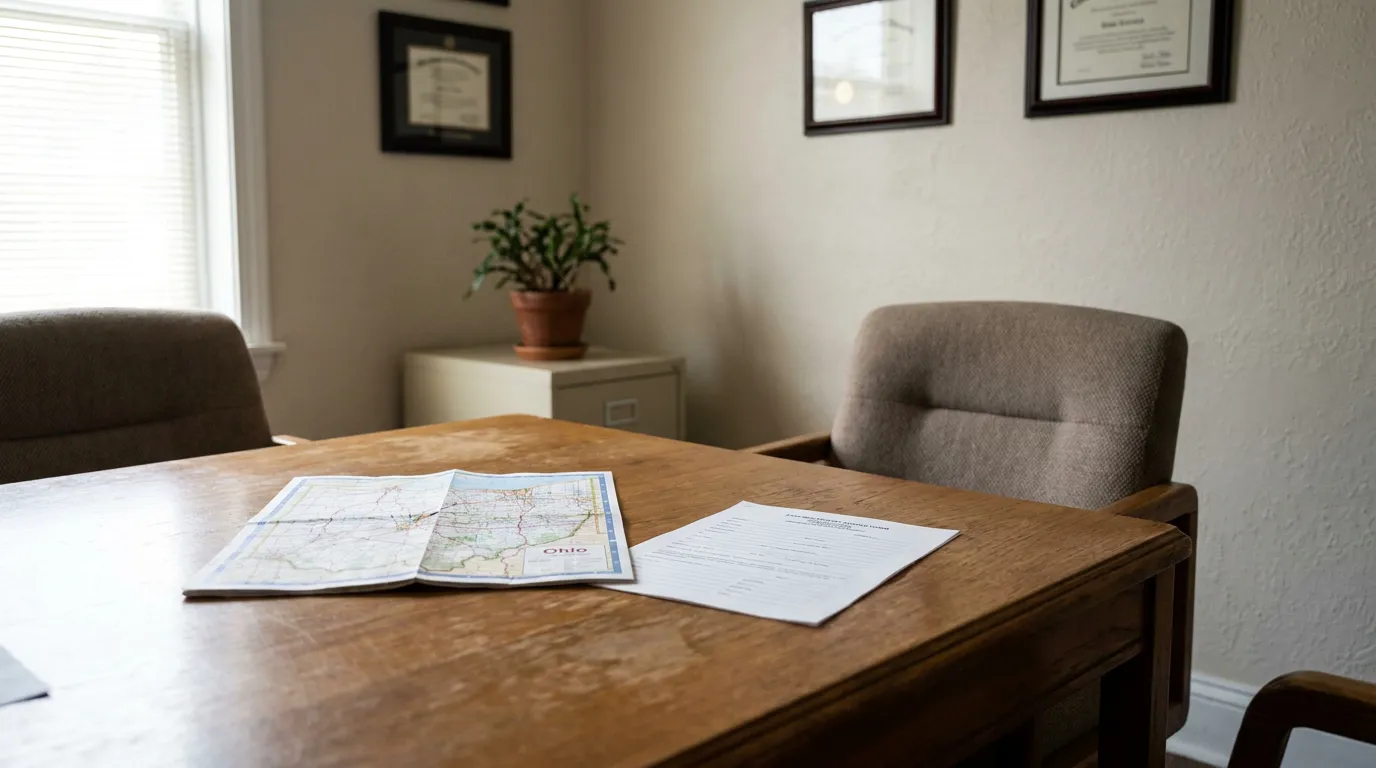 Ohio map and legal document on wooden desk in law office with framed credentials