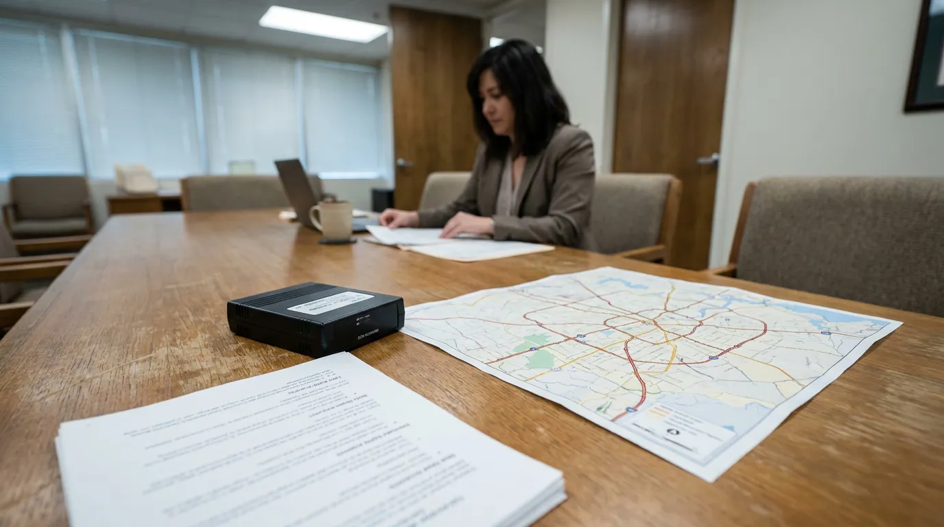 attorney reviewing documents at conference table with road map and GPS device