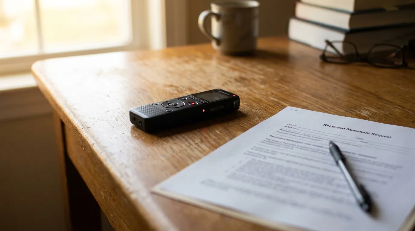 Recorded Statement Request Form St. Louis Insurance Adjuster digital voice recorder beside Recorded Statement Request document and pen on desk