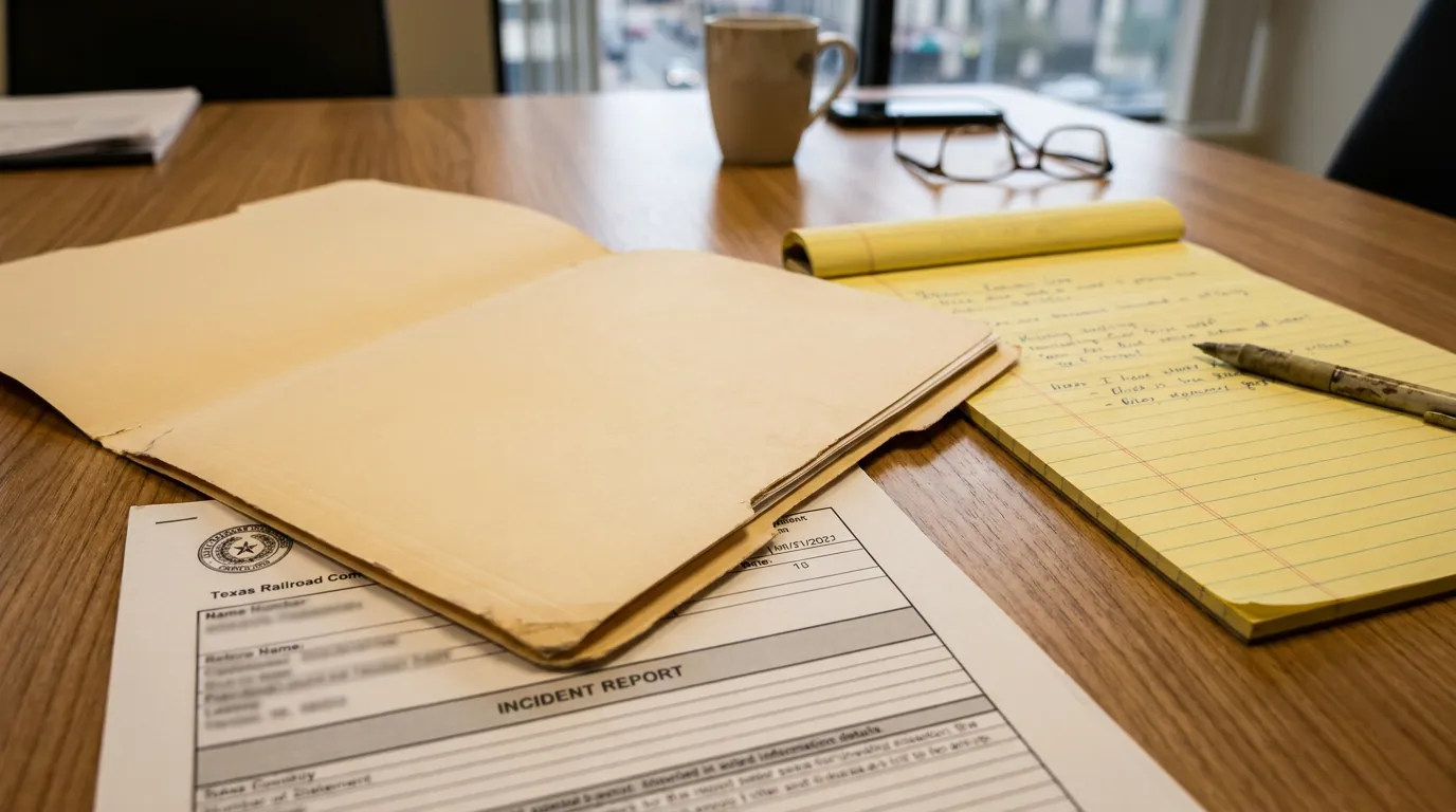 Texas Railroad Commission incident report form beside open manila folder and legal notepad