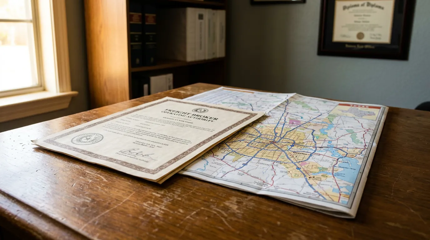 Freight Broker Operating Authority certificate and road map on wooden desk