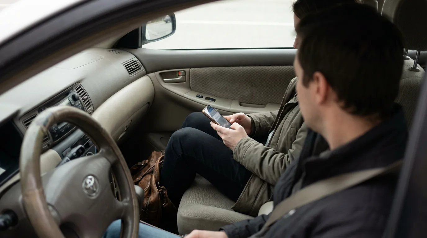 driver seated in vehicle using smartphone while wearing seatbelt