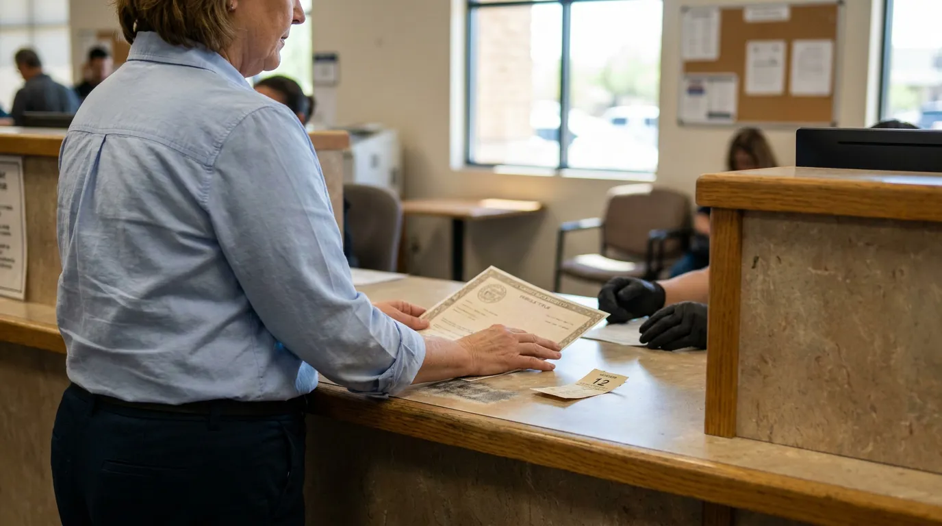 Chandler MVD Vehicle Title Transfer After Death person submitting official certificate document at government office service counter