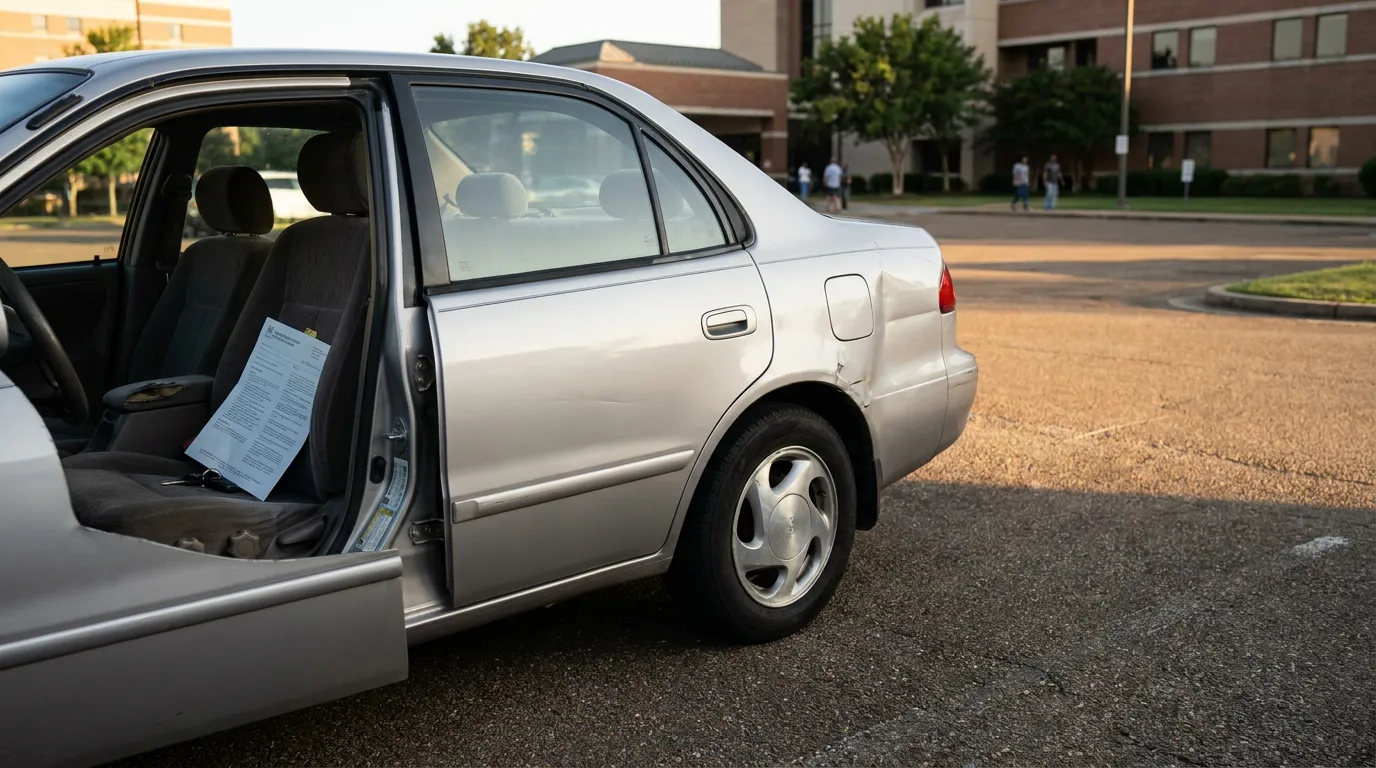 Memphis Car Accident Damage Delayed Concussion Symptoms sedan with open door, visible document on seat, and rear body damage in parking lot
