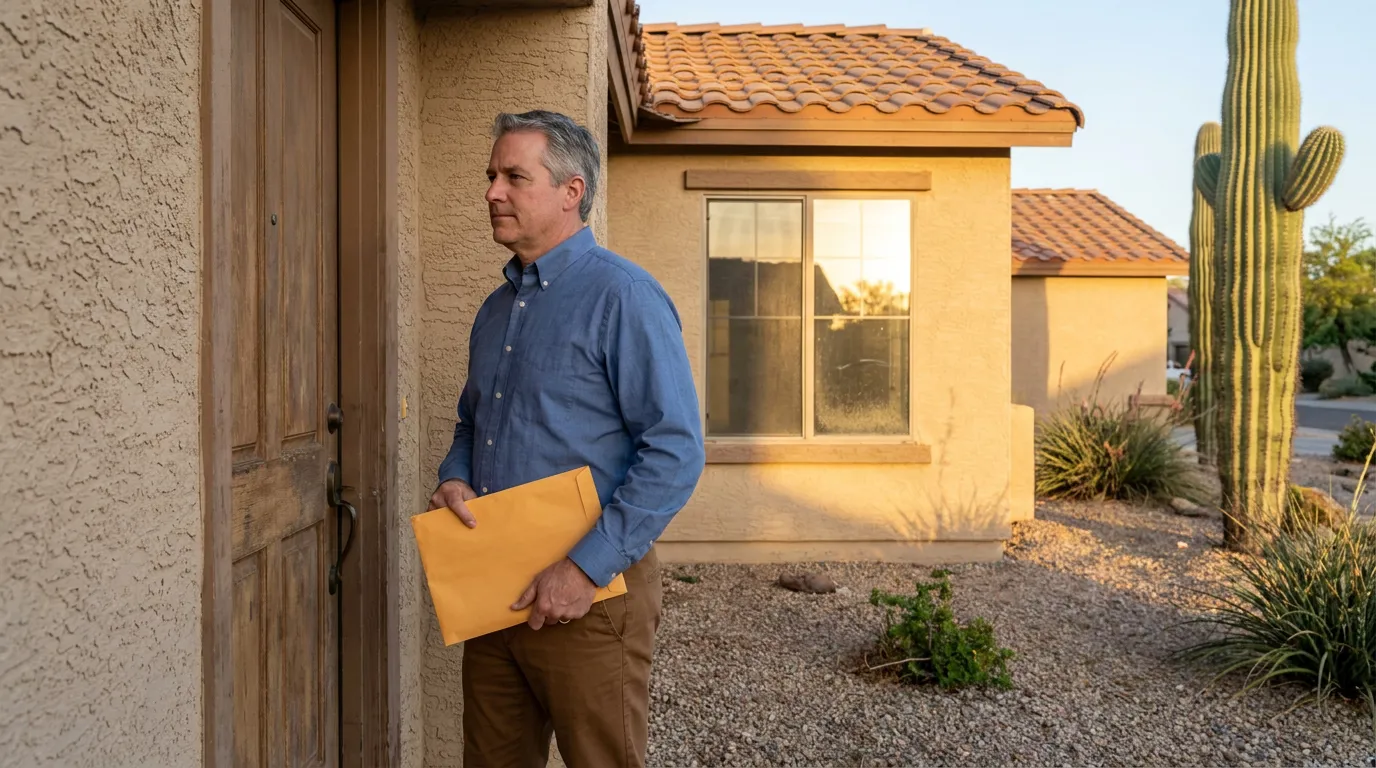 man holding manila envelope standing at residential front door in desert setting