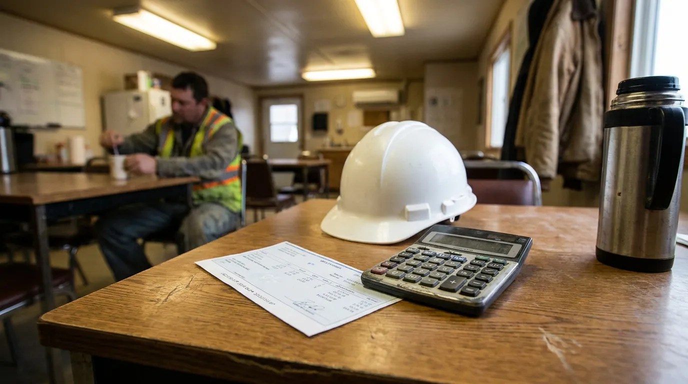 New York Manual Worker Weekly Pay Calculator and Hard Hat hard hat, calculator, and pay stub on table in construction worker break room
