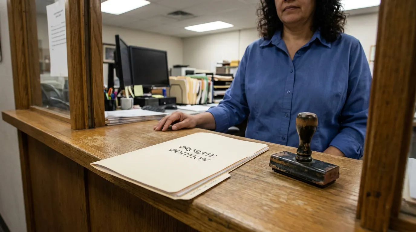 New Mexico Probate Petition Filing Clerk Court court clerk standing at counter with probate petition folder and rubber stamp