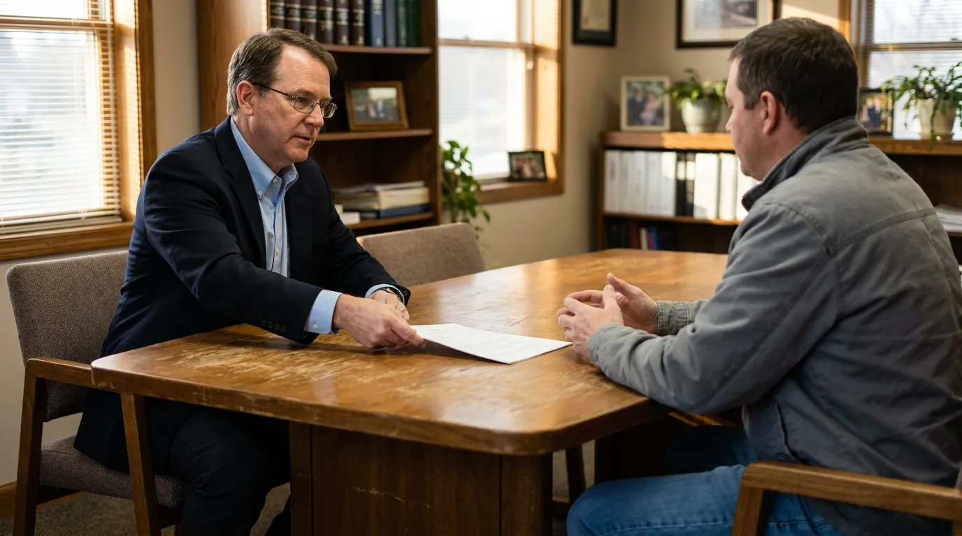 attorney in suit presenting document to client across wooden office desk