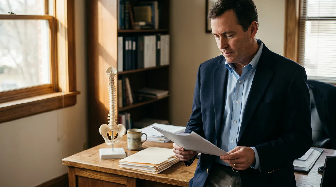 attorney reviewing case documents beside spine anatomical model in law office