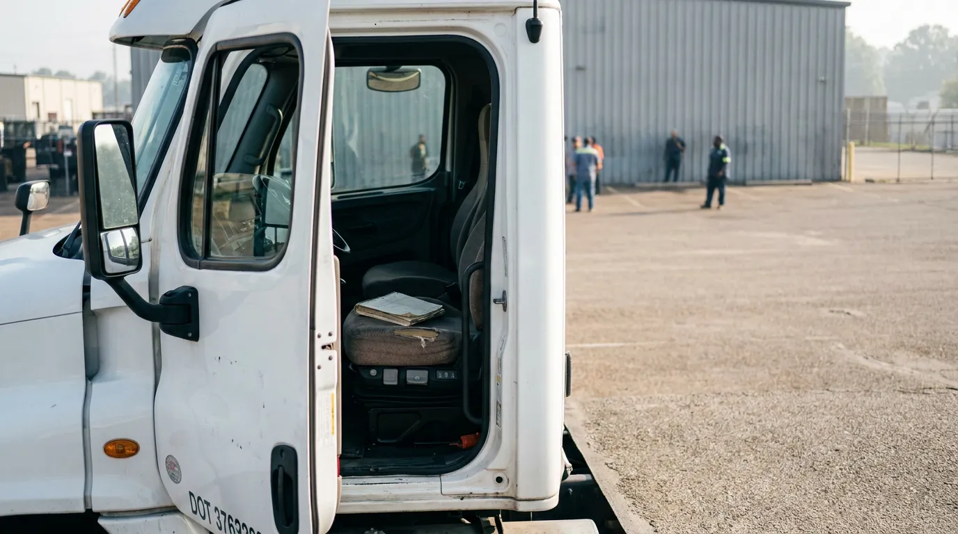 Memphis Commercial Truck Cab With Driver Qualification File Documents DOT-numbered commercial truck cab open door with documents on driver seat at industrial yard