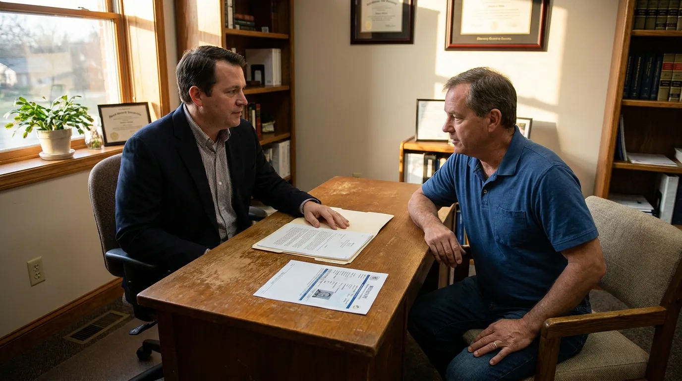 attorney meeting with client across desk with legal documents and framed credentials visible