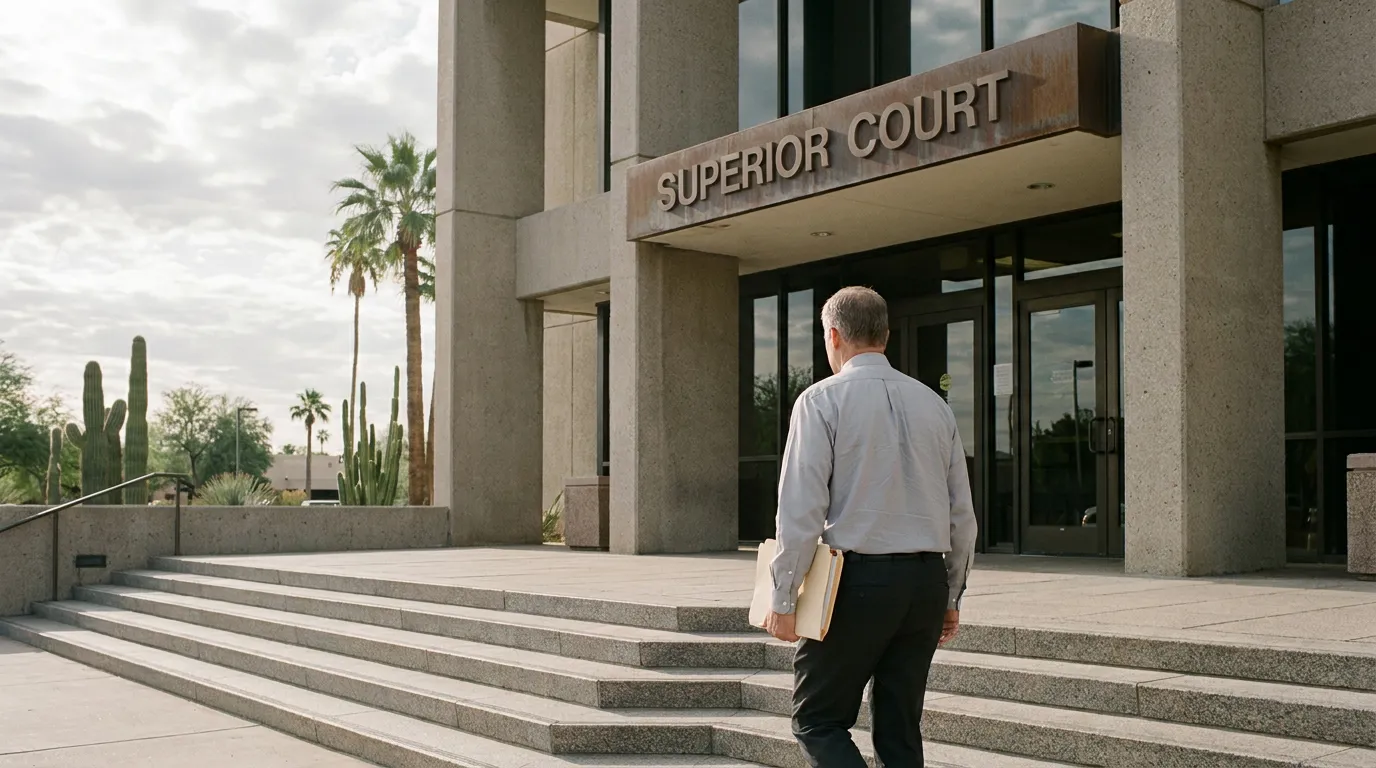 Mesa Arizona Superior Court Ancillary Probate Attorney man carrying legal folders ascending steps toward Superior Court building entrance