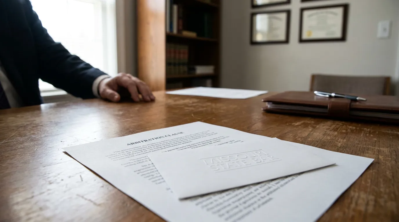 Arbitration clause document with Missouri State Bar seal on attorney's desk