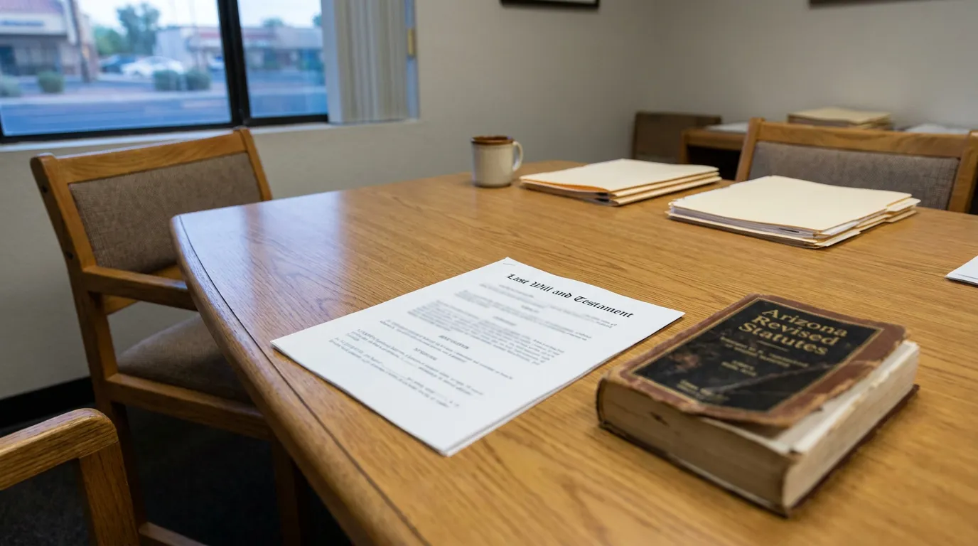 Last Will and Testament document beside Arizona Revised Statutes book on conference table